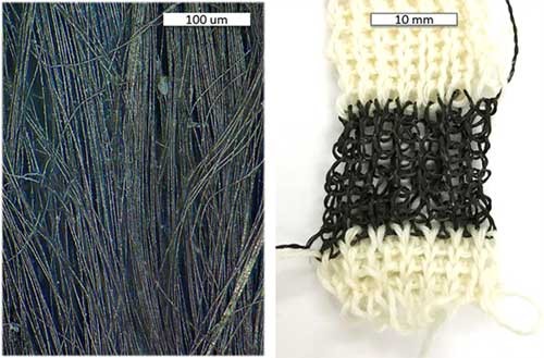 a close-up of nitinol fiber and an initial sock-knit prototype